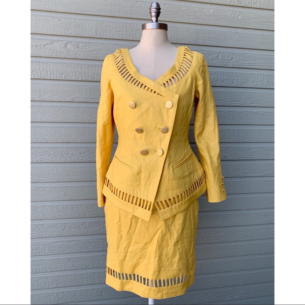 VTG Pia Rucci 100% Linen Yellow Suit Set Sz 8